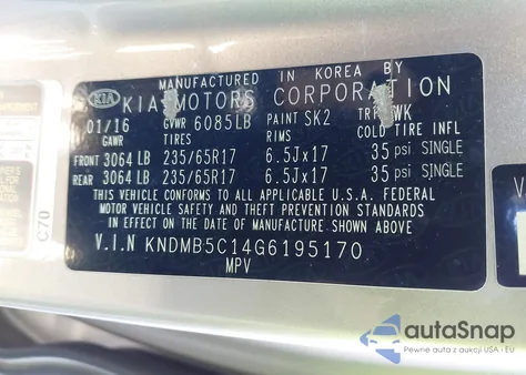 2016 Kia Sedona Lx from USA, damaged, VIN KNDMB5C14G6195170